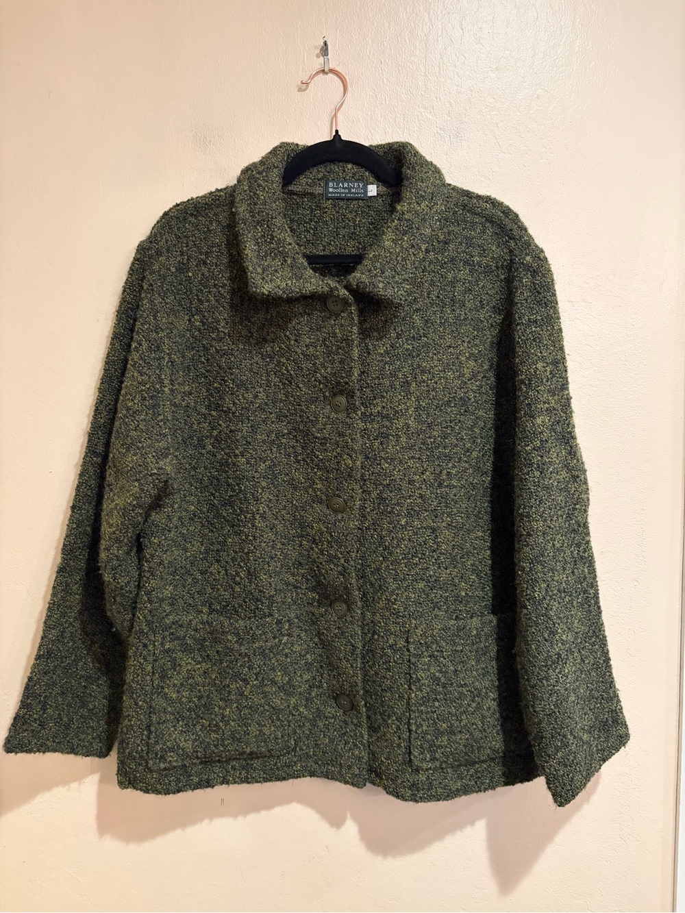 Blarney Woollen Mills Dark Olive Teddy Wool Blend Coat, Ireland Made, size L